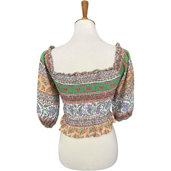 Zara Linen Blend Bishop Sleeve Smocked Off Shoulder RuffleCrop Top Size Large - Picture 7 of 9